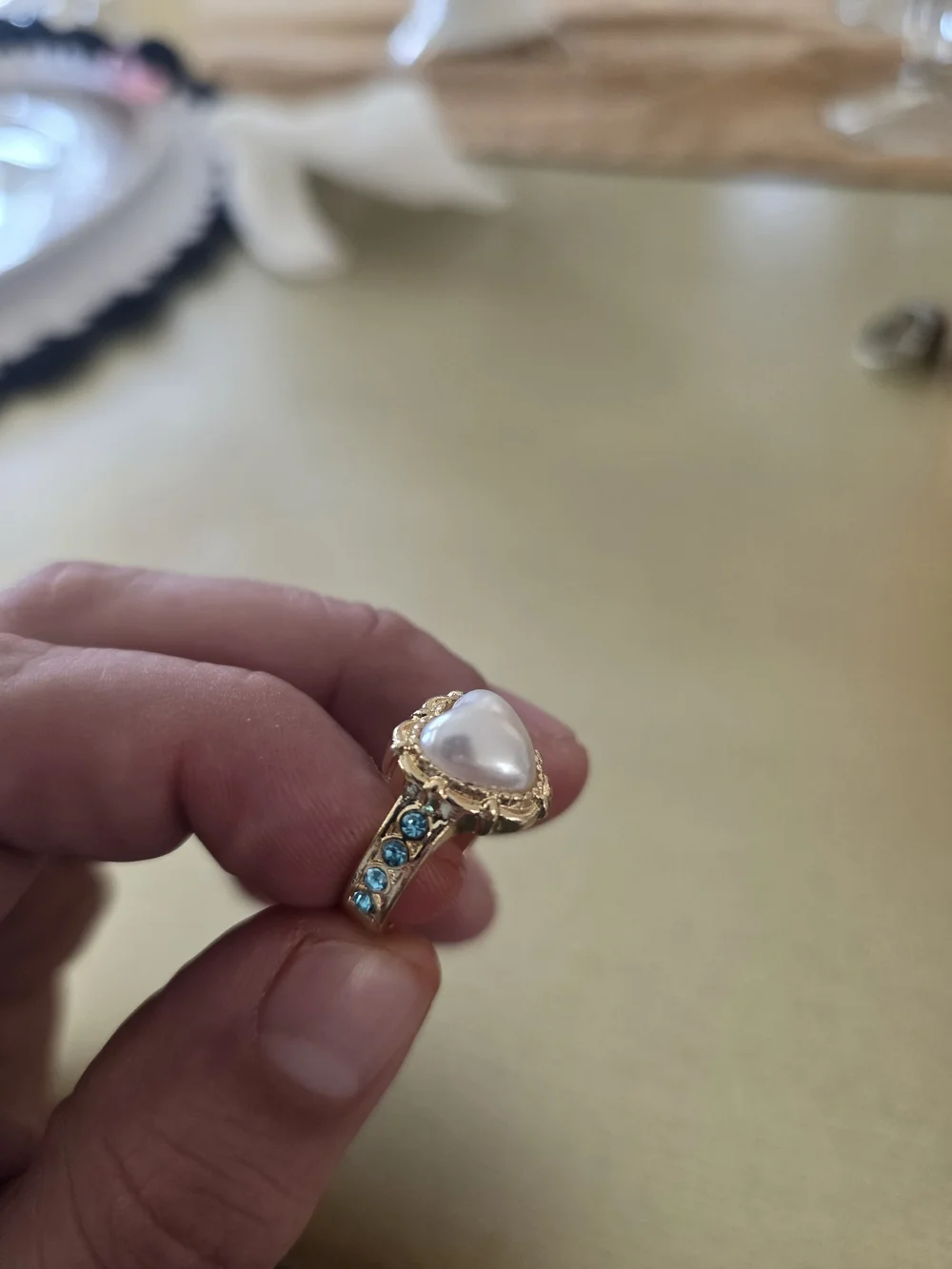 Gold White Pearl Teardrop Ring with Blue Accent  Stones